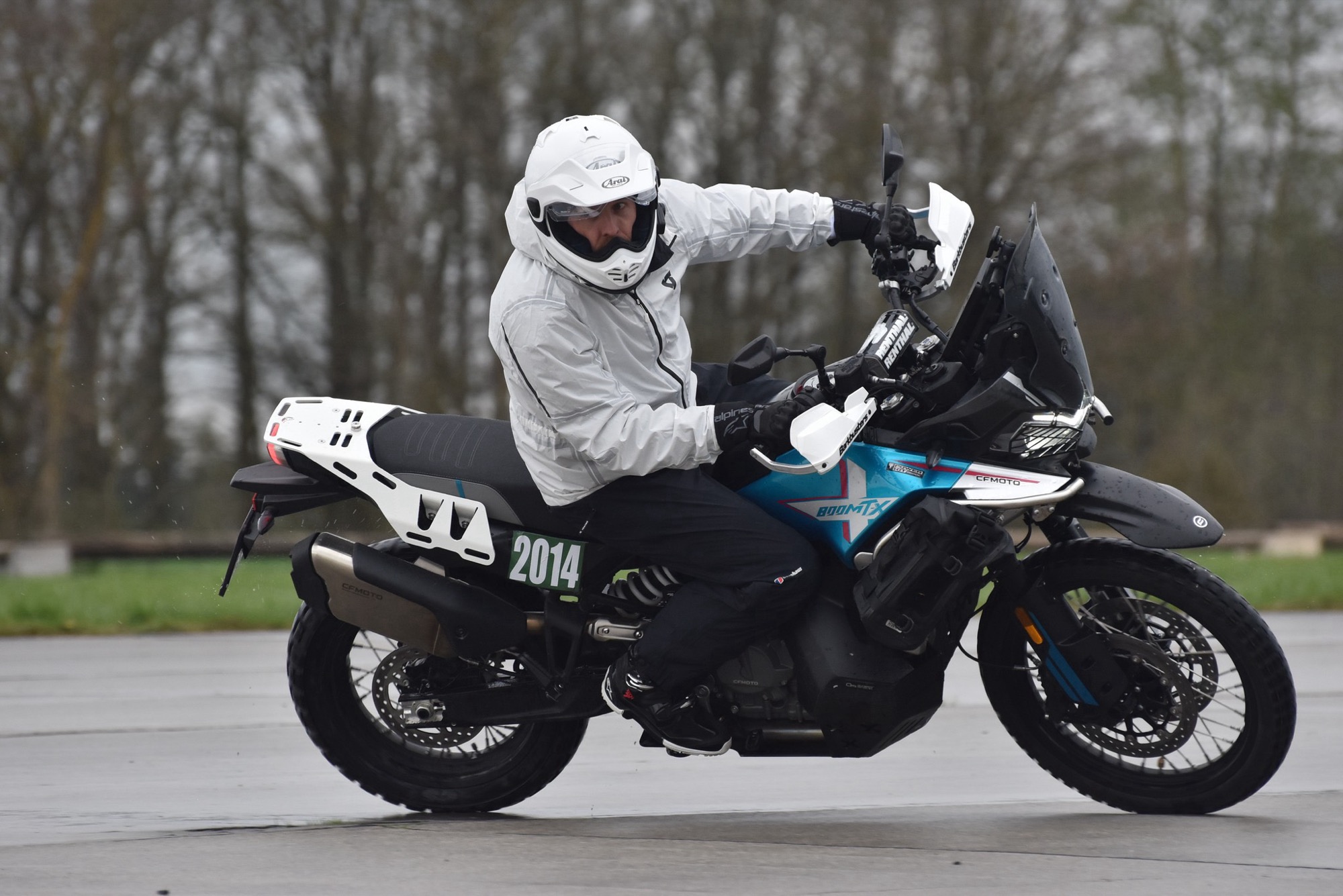 Martin Korbel riding CF Moto 800MT-X with custom rack at riding course
